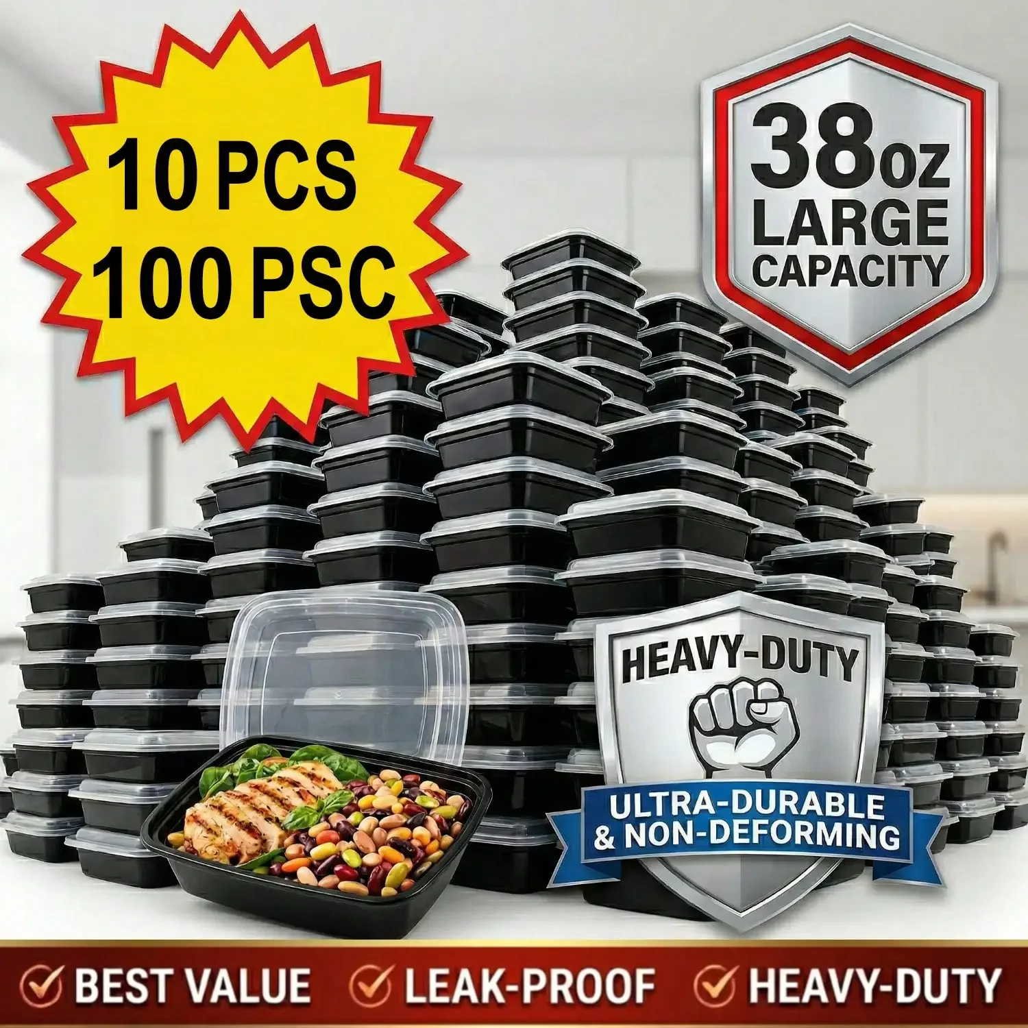 Meal Prep Kitchen - 10/100 sztuk, czarne, prostokątne pojemniki do